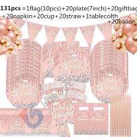 【JIU YU】❀❁  Conjunto de Talheres Descartáveis para Crianças e Meninas Ouro Rosa Diamante Padrão Feliz Aniversário Prato Copo Guardanapo Party Decor 10-20People