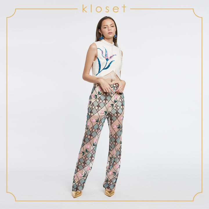 kloset-embroidered-trousers-aw18-p006-เสื้อผ้าแฟชั่น-เสื้อผ้าผู้หญิง-กางเกงแฟชั่น-กางเกงขายาว-กางเกงผ้าปัก