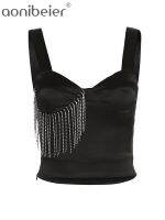 Aonibeier 2022 Za Woman Traf Crop Tops y Party Spring Sleeveless Sweetheart Neck Rhinestone Fringe Detail Slim Satin Camisole