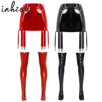 【cw】 Womens Wet Patent Leather Waist Garter Skirts Set Footed Thigh Stockings Suspenders Clubwear