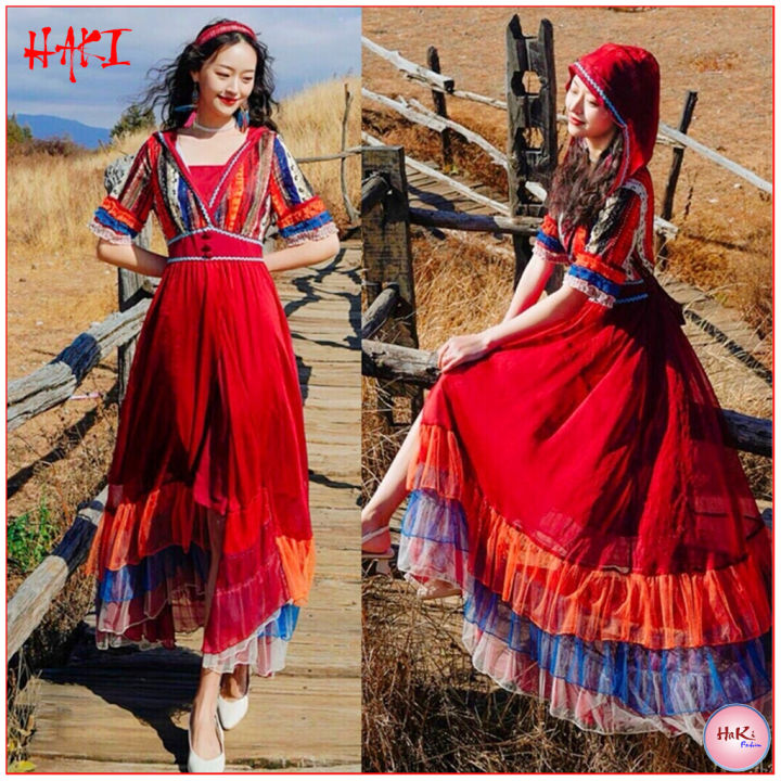 Đầm maxi thổ cẩm BOHO đi biển họa tiết xẻ tà kèm nủ che đầu phong ...