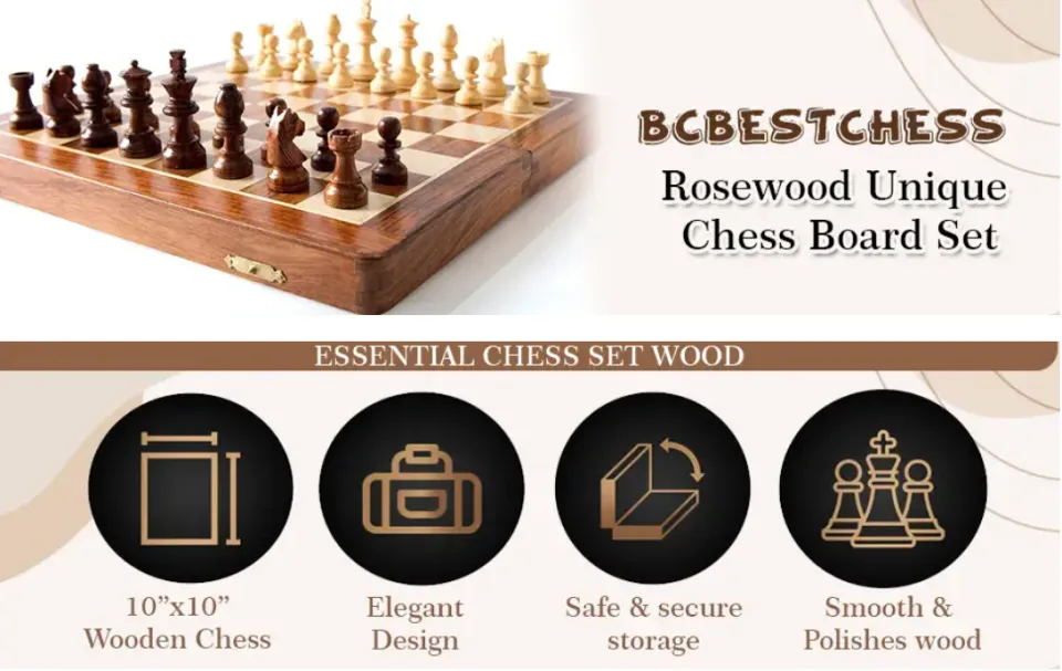 BCBESTCHESS Wooden Handcrafted Foldable Magnetic Chess Board Set with  Magnetic Pieces and Extra Queens for Adults (10x10 Inches, Brown)