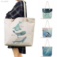 Sea Series Shoulder Bag Cute Whale Girl Printed Handbags Linen Women Tote High Capacity Travel Beach Bags New Eco Shopping Bag