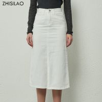 ZHISILAO New Split Fork A-line Denim Skirt Women Vintage Solid High Waist Bodycon White Jean Skirt Summer 2022 Jupe Korean Style