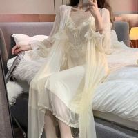 Womens Pajamas Sexy Lingerie Lace Hot Nightwear 2 Pcs Nightdress Robe Set Sleepwear Women Long Sleeve Female Bathrobe Homewear