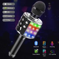 Wireless Karaoke Microphone 4 in 1 Bluetooth Microphone for Kids With Led Lights Speaker Record Remix Function