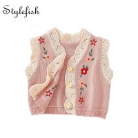 2022 autumn baby girl all-match baby 0-2 years old cardigan cotton yarn knitted sweater embroidered V-neck sweater vest coat