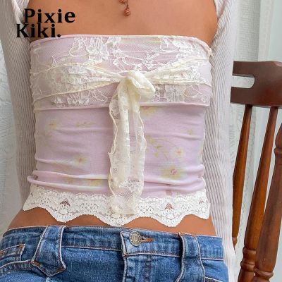 PixieKiki Cute Sexy Y2k Tube Top Fairy Core Floral Printed Lace Patchwork Bow Tie See Through Crop Tops 90s Streetwear P94-AH10