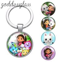 【CW】✆  Cartoon gabby dollhouse cat Photo glass cabochon keychain Car key chain Holder Charms keychains gift