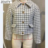 Zevity Women Vintage Plaid Print Tweed Woolen Coat Ladies Single Breasted Casual Outerwear Chic Jacket Veste Femme Tops CT800