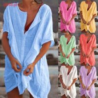 COD DSFGRDGHHHHH Womens Summer Short Sleeve Long Blouses Deep V-neck Loose Party Dress Ladies Casual Loose Solid Color Plus Size Beach Wear Cover-up Short Dress
