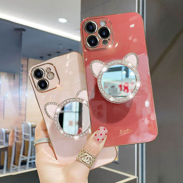 jiefie-เคสน่ารักสำหรับ-xiaomi-redmi-note-11-11s-11-pro-note-10-10s-10-pro-note-9-9s-9-pro-กระจกแต่งหน้าเคสโทรศัพท์-chrome-glossy-soft-tpu-ฝาครอบโทรศัพท์สี่เหลี่ยมพร้อมขาตั้งโทรศัพท์