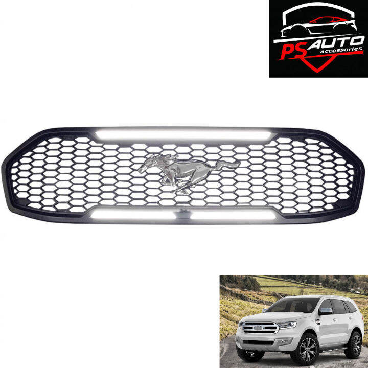 กระจังหน้า หน้ากระจัง มีไฟ LED สีขาว โลโก้ ม้า โครเมียม รุ่น ฟอร์ด  เอเวอเรสต์ FORD EVEREST TITANIUM ปี 2015 2016 2017 สีดำด้าน ชิ้น 