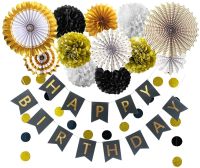 Birthday Decorations Black Gold Party Decor for Men Happy Birthday Banner Hanging Paper Fans Flowers Garlands String Polka Dot