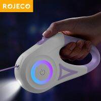 ROJECO สายจูงสุนัขพับเก็บได้5เมตรพร้อมสายรัดสายรั้งเรืองแสงอัตโนมัติแบบไฟ LED สำหรับสุนัขลูกสุนัข