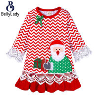 Baby Girls Christmas Dress Santa Claus Embroidered Pattern Lace Pleated Long Sleeves A-line Skirt【fast】