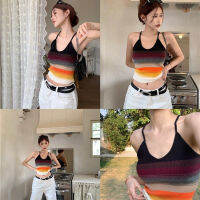 Factory Outlet Color Striped Camisole WomenS French Sweet And Spicy Sunset Gravity Color, High -End Feel V -Neck