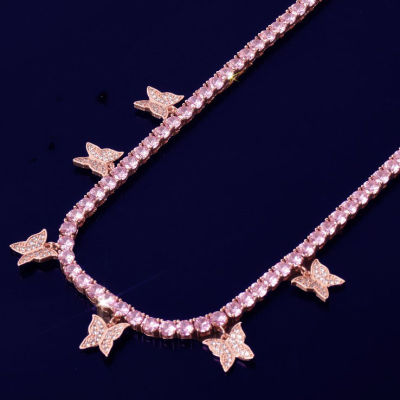 Butterfly Pendant Pink Color Zircon 4mm 1 Row Tennis Chain Necklace Mens Hip Hop Jewelry Link adjustable