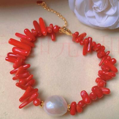 Natural white block Fresh water pearl Red Coral Gold bracelet gift Practice National Style Souvenir Wristband Gift Taseel