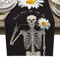 【cw】 Skull Daisy Flowers Skeleton Pattern Table Runner Party Decoration Anti stain Coffee Table Tablecloth Table Cover Table Runner ！