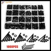 CIYA74581 1060PCS เหล็กคาร์บอนสตีล การจัดเรียงสกรูเมตริก สีดำสีดำ M2 M3 M4 M5 สกรูสำหรับเครื่องจักร พร้อมประแจหกเหลี่ยม Bolts NUTS and WASHER Assortment KIT มืออาชีพด้านการ