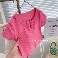 Modern childrens clothing article 2022 girls brim candy color gao waist el时髦童装2022女童洋气糖果色小高腰弹力坑条短袖T恤T818z