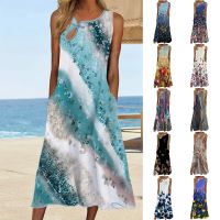 【CC】Women New Loose Boho Vintage Ruffles Befree Summer Printed Pocket Elegant Hole Party Vest Tank Dress Summer Party Maxi Dresses