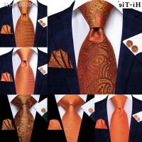 ► Hi-Tie Designer Orange Paisley Silk Wedding Tie For Men Handky Cufflink Gift Mens Necktie Fashion Business Party Dropshiping