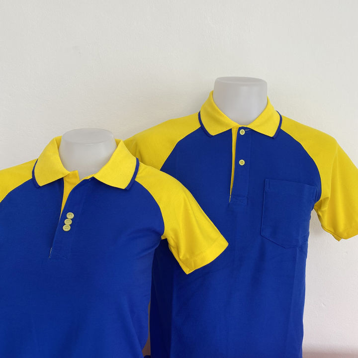 polo-shirt-แบบหญิง-สีน้ำเงินแขนเหลือง-ไหล่สโลป-แขนปล่อย-แบบชายมีกระเป๋า-แบบหญิง-ทรงเข้ารูป