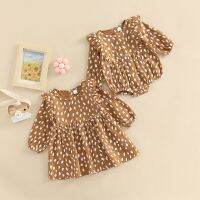 【YF】 Fashion Autumn Toddler Sisters Girls Matching Outfits Dots Print Long Sleeve Ruffles Rompers/Pleated A-line Dress Casual Clothes