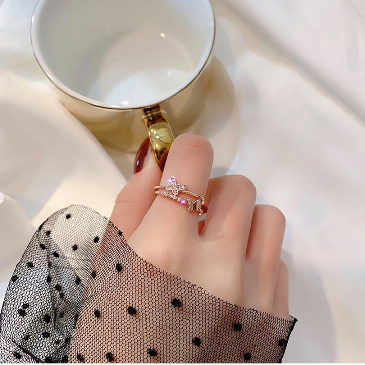 เครื่องประดับสาวสวยแฟชั่นเกาหลีแหวนผีเสื้อปรับเพชรผีเสื้อคู่เปิดโรสโกลด์เงิน