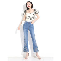 Ethnic Embroidery Slightly Flared Jeans Ladies New High Waist Look Taller Slimming Ankle-Length Bell-Bottoms