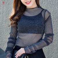 Women Fashion T-Shirts Mesh Sheer Party Long Sleeve Blouses exy sheer Fishnet See Through Transparent Top Lace Top Blouse