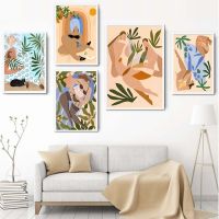 Boho Girl Portrait Monstera Botanical Palm Leaf Cat Nordic โปสเตอร์ Wall Art ภาพวาดผ้าใบพิมพ์ภาพสำหรับตกแต่งห้องนั่งเล่น New