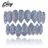 GUCY Iced Out Hip Hop 1414 Teeth Grillz Bling AAA Cubic Zircon Silver Color Eight Top Bottom Vampire Grills Set For Gift