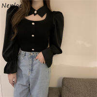 Neploe Turn Down Collar Spliced Shirt Woman Puff Long-sleeved Knit Tops Mujer 2022 New Autumn Temperament Sweater Pullover WomenTH