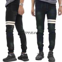 TPPJEANS Jogger Jeans กางเกงยีนส์ จ๊อกเกอร์แต่งแถบขาว ผ้ายืดเอวยาง มีเชือกไซส์ 28”-44"