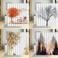 Autumn Tree Bicycle Fallen Leaves Scenery Shower Curtain Winter Forest Branch Leaf Watercolors Art Home Decor Bathroom Curtains