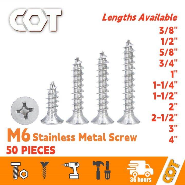 COT 50PCS 6 x 3/83 inches Stainless Metal Screw Flathead SS Wood