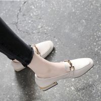 【Ready Stock】 ﹍❦✳ C39 Womens Soft Leather Loafers Slip-on Spring All-Matching Square Toe Chunky Heel Pumps Shallow Mouth Flat Bottom