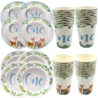 Baby First Birthday Dinnerware for Boy One Year Old Theme Party with No 1. Plates 9oz Cups Jungle Animal Deer Raccoon Print