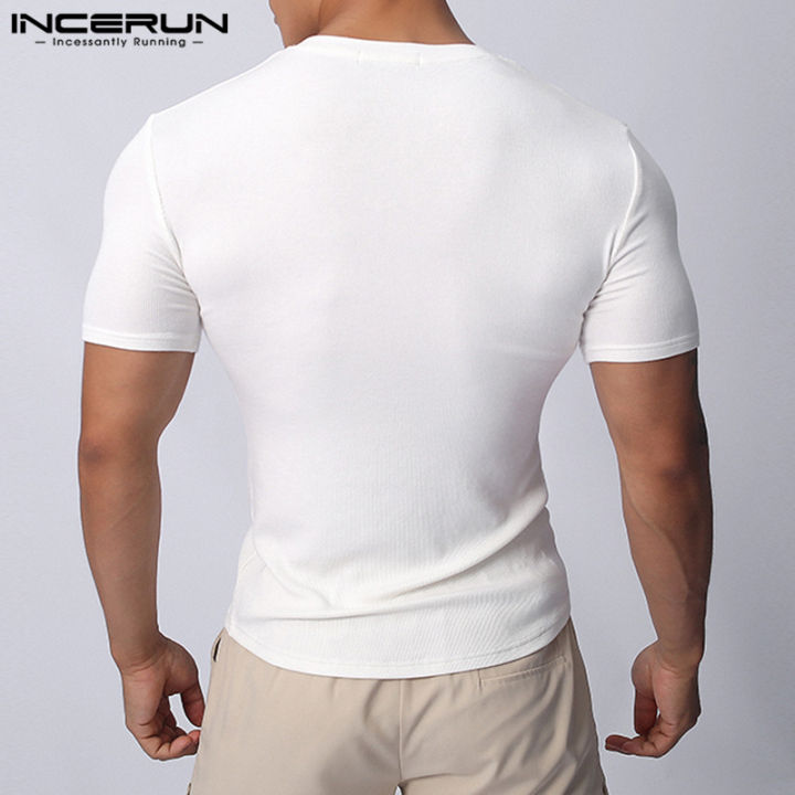 incerun-เสื้อยืดผู้ชายคอวีเสื้อสตรีแขนสั้นเสื้อยืดพอดีตัวยิมเสื้อยืดเสื้อกีฬา-สไตล์เกาหลี