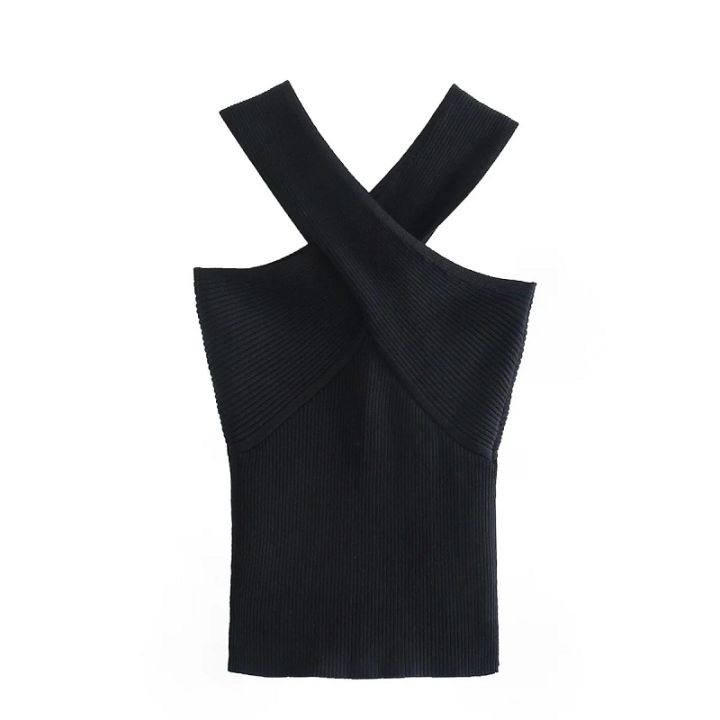 elegant-black-simple-cross-strap-knitted-tanks-top-new-summer-camisole-sleeveless-underwear-overlapping-blouse