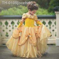 ﺴ▣ ocehrk Vestido de princesa amarelo infantil com luvas para vestir Fora do ombro Cosplay Halloween Natal Moda