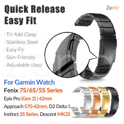 Zenia 20มม. Quick Release Easy Fit เปลี่ยนผิวที่เป็นมิตร Slate สีเทาสแตนเลสสายนาฬิกาสายรัดข้อมือสายนาฬิกาสำหรับ Garmin Instinct 2S Camo Surf Descent Mk2S Fenix 7S 6S Pro Solar Sapphire 5S Plus Epix Gen 2 Standard 42mm Approach S70 D2 Delta S เครื่องประดับ