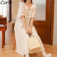 【 WYIN kitchen】 Nightgowns Women Patchwork Square Collar Sweet Home Sleepwear Korean Style Popular Summer Thin Cool Fashion Plus Size Female New