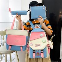 4-piece Set Fashion Womens Backpack Trend Badge Canvas School Bag For Girls Cute Pendant Contrast Color Shoulder Bags Scoolbags