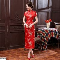 สีแดงแห่งชาติจีนยาว Cheongsam ขนาดบวกหญิงซาตินวินเทจแปลกเครื่องแต่งกายสังคมผู้หญิงแขนสั้น Qipao