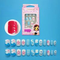 24PCS Children Wear Reusable Fake Nails Back Glue Rabbit Cat Removable Press On Nail Art Full Cover Artificial Kids Nails False