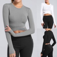 Crop Tops Women Yoga T-shirts Solid Sports Top Long Sleeve Running Shirts Sexy Exposed Navel Quick Dry Fitness Gym Sport Wear